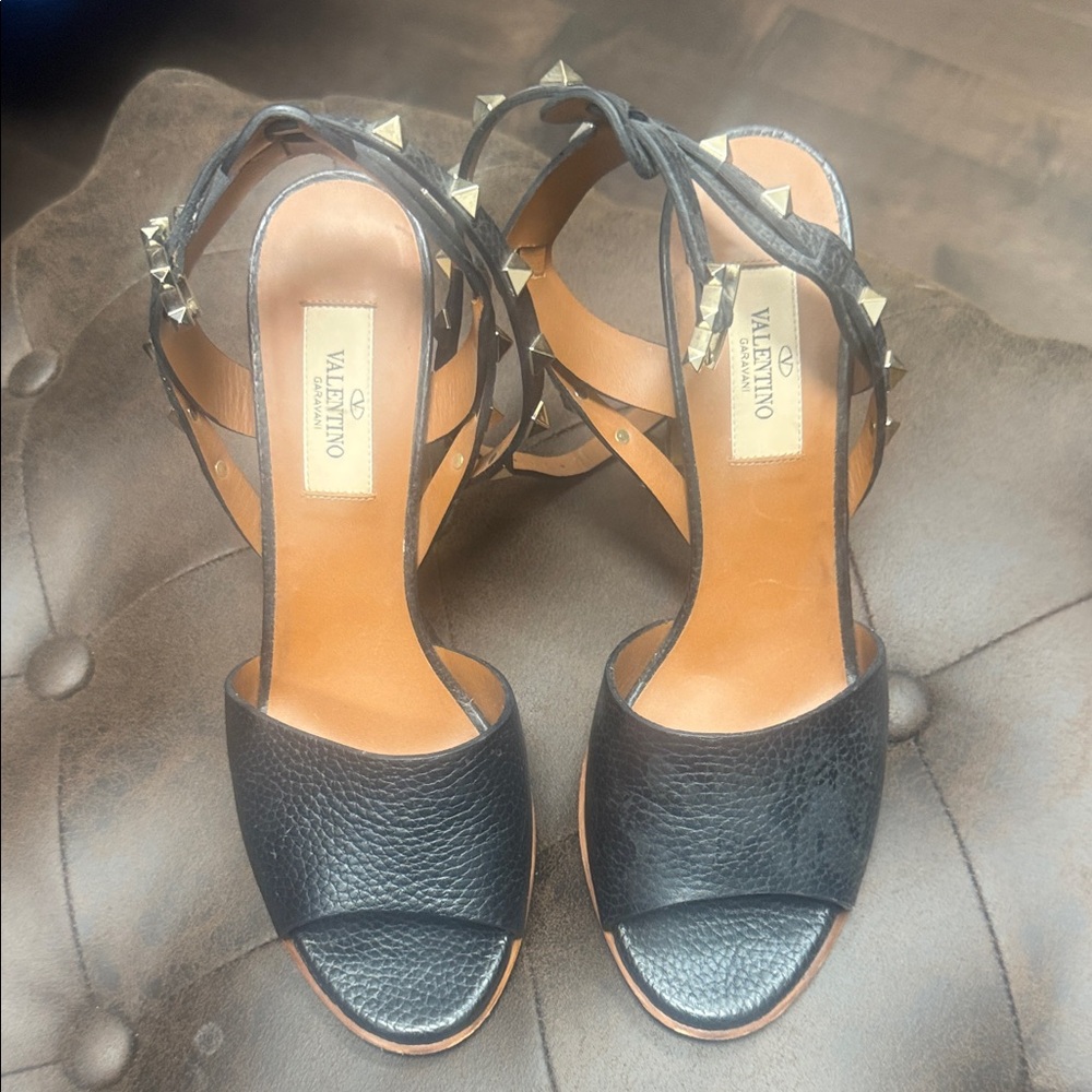 Valentino Black Leather Sandals with Gold Studs